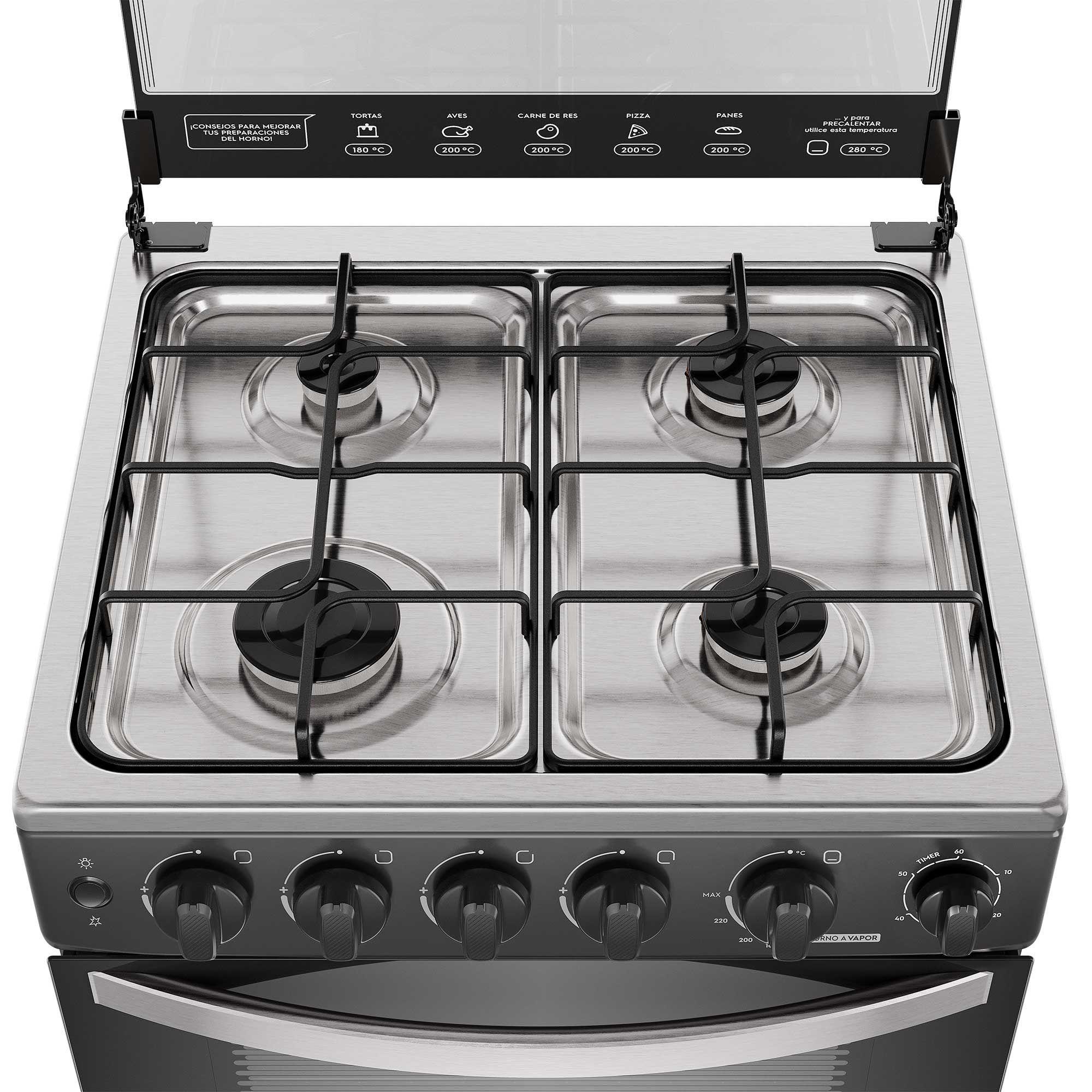 Cocina a Gas 4 Platos Horno Vapor y Temporizador FM4TPC Negra-4