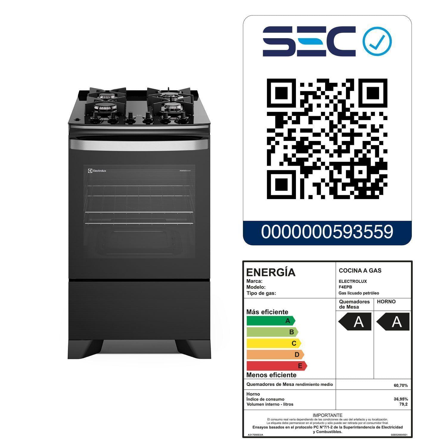 Cocina a Gas 4 Platos Parrillas Hierro Fundido F4EPB Negra-9