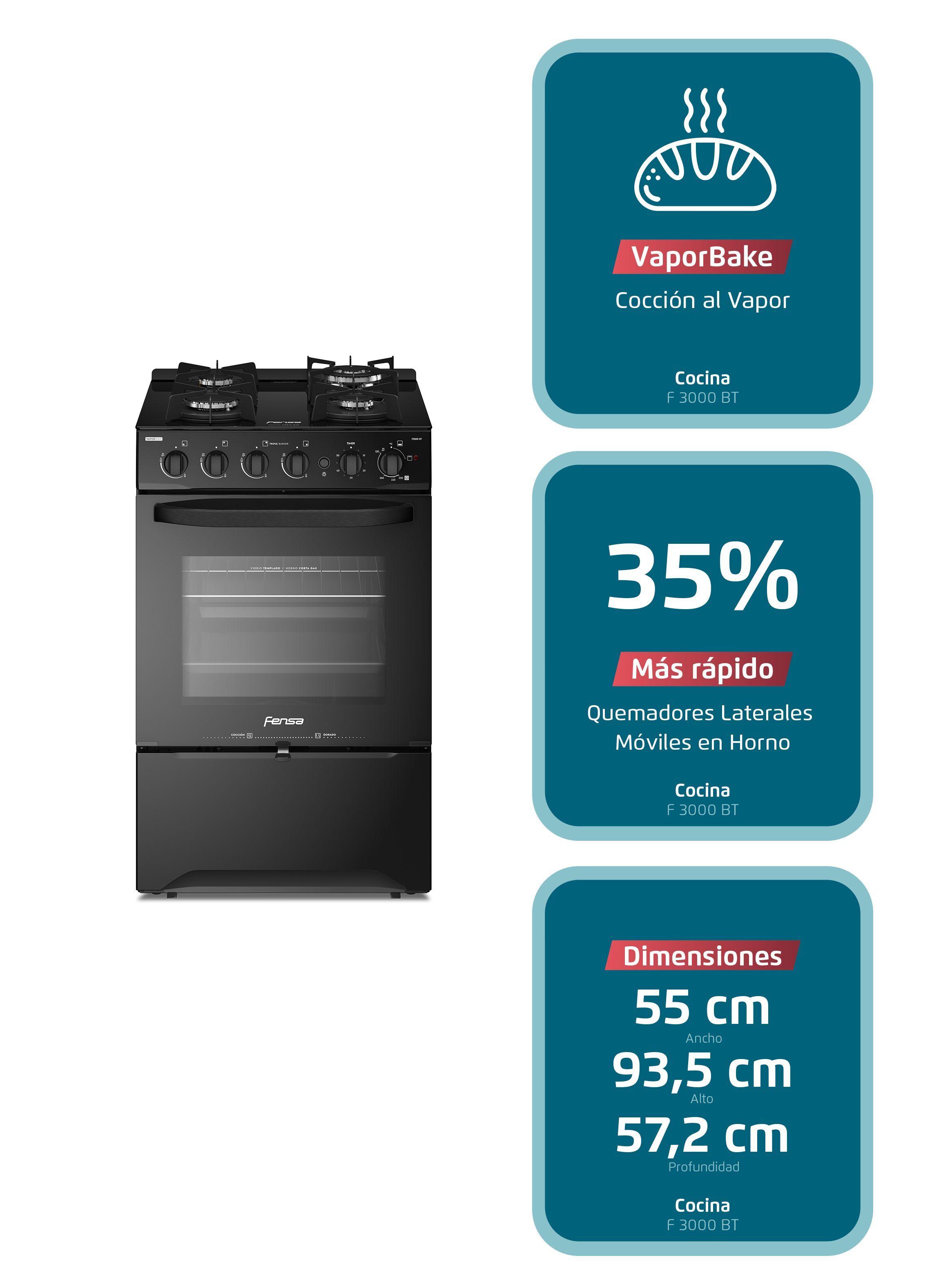 Cocina a Gas 4 Platos Fensa Cubierta Vidrio F 3000 BT Negra-2
