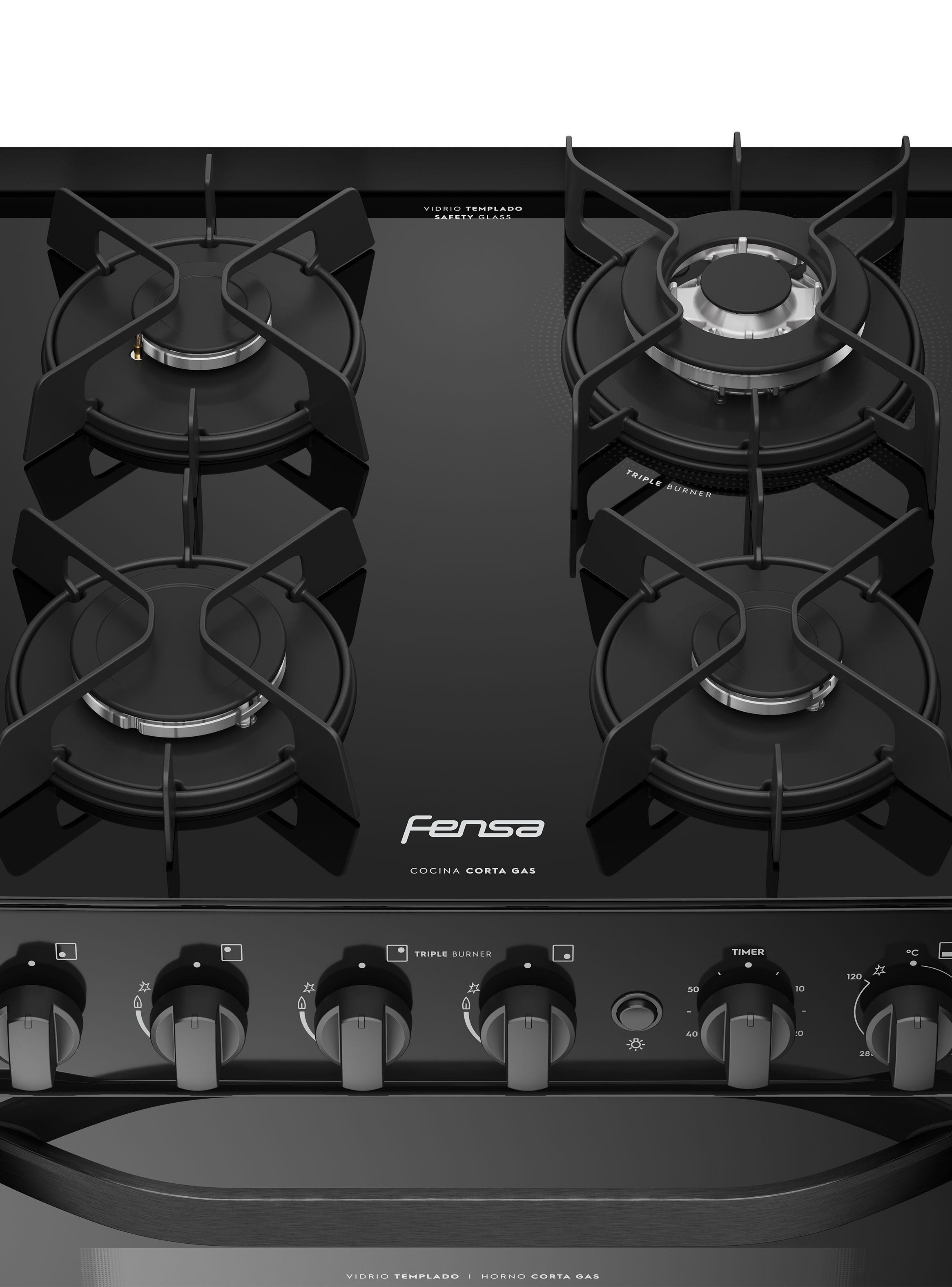 Cocina a Gas 4 Platos Fensa Cubierta Vidrio F 3000 BT Negra-4
