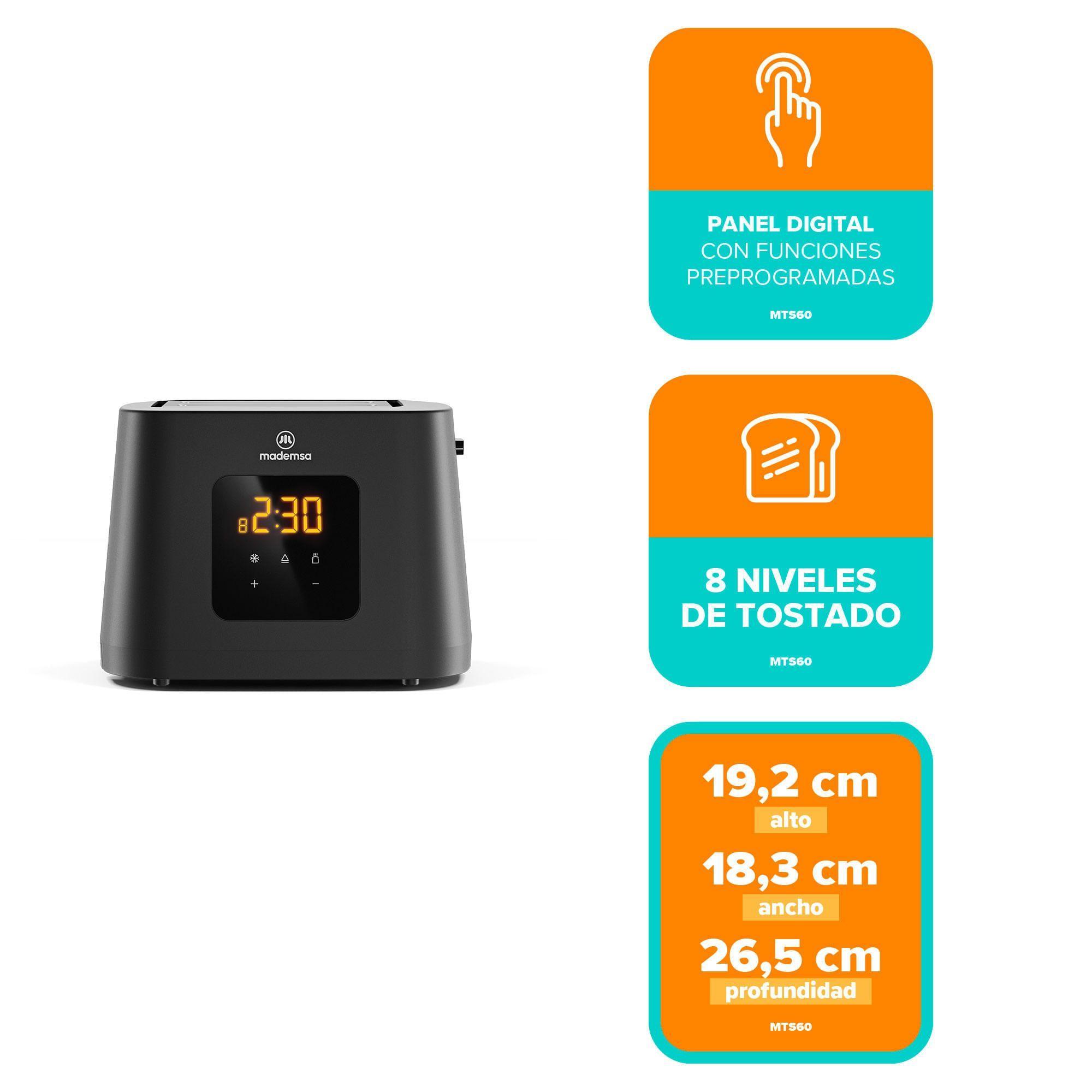 Tostador Eléctrico 2 Rebanadas 8 Niveles de Tostado 860W MTS60-2