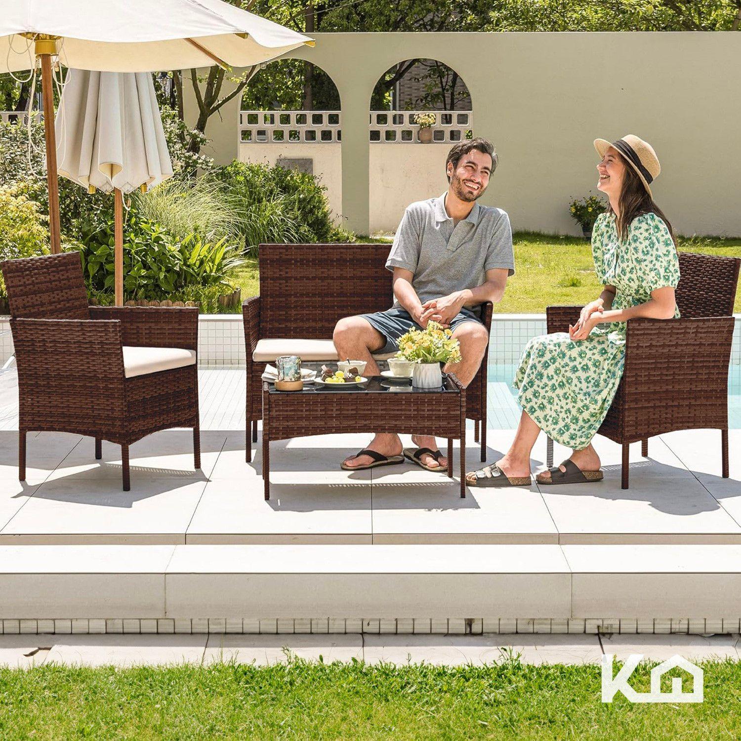 Juego De Sillas Sala Rattan Exterior Mimbre Marron Cojines-7