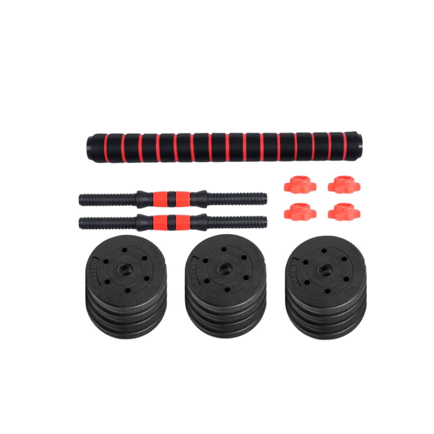 Set 2 Mancuernas + Barra 2 En 1 + 30kg Discos Pesas Rojo-0
