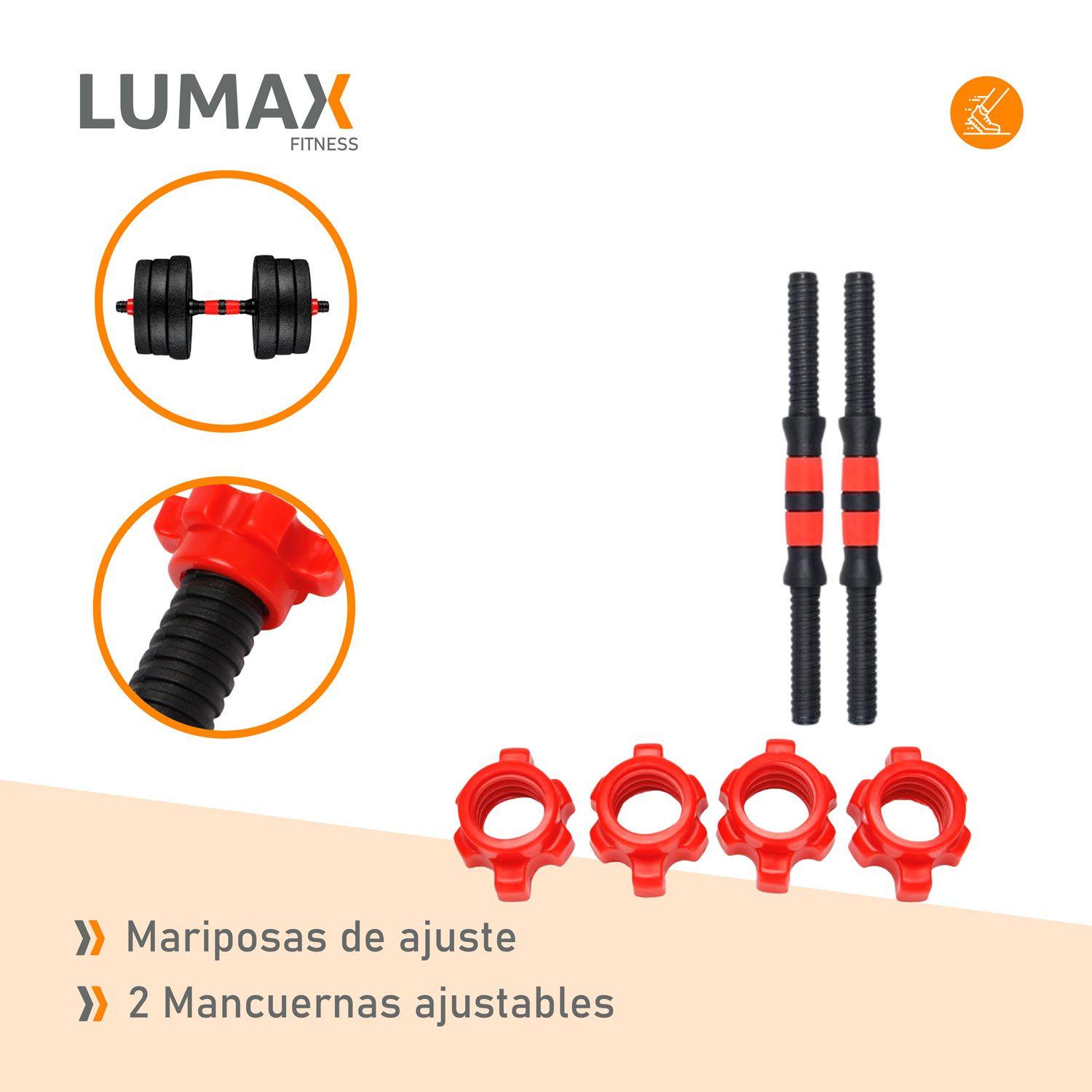 Set 2 Mancuernas + Barra 2 En 1 + 30kg Discos Pesas Rojo-5