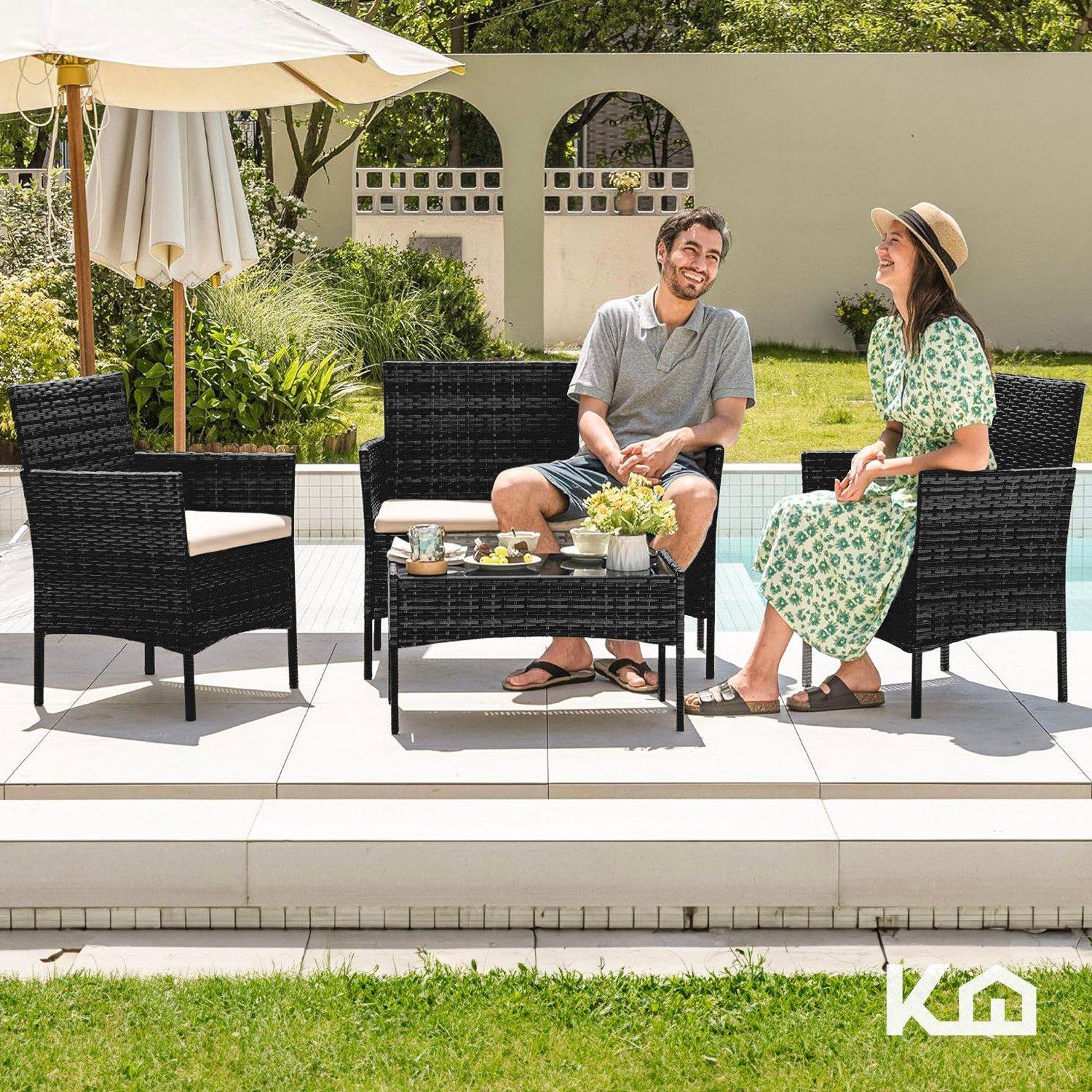 Sala Para Exteriores Jardin De Mimbre Negro Cojines Beige-7