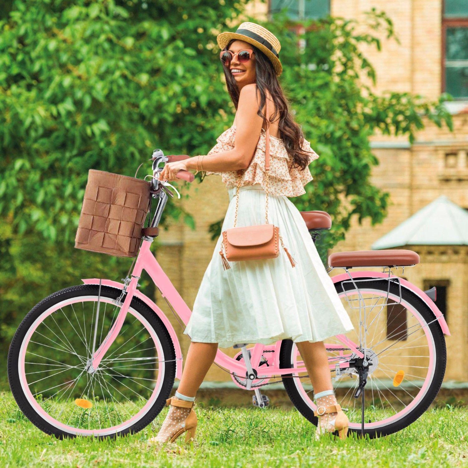 Bicicleta Urbana Aro 26 Vintage Con Canastilla Retro Rosada-3