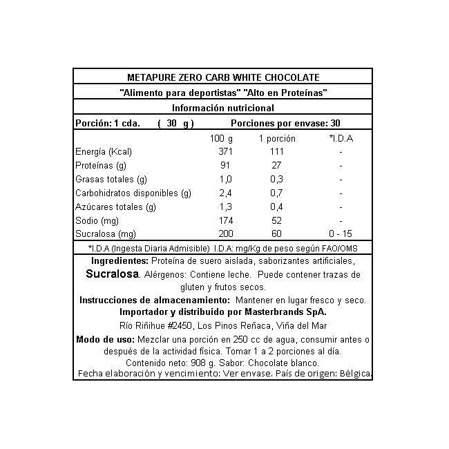 Proteína Metapure Whey Isolate 908Grs Choc Blanco-3