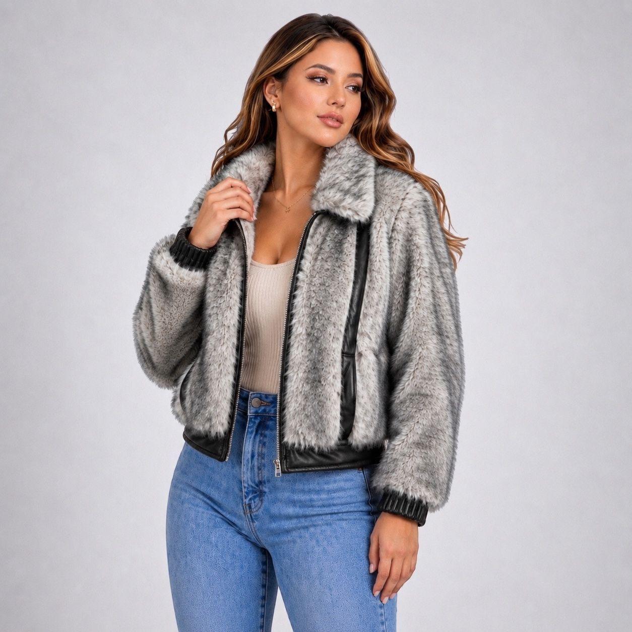 Chaqueta Gris Efecto Pelo con Detalles Ecocuero-2