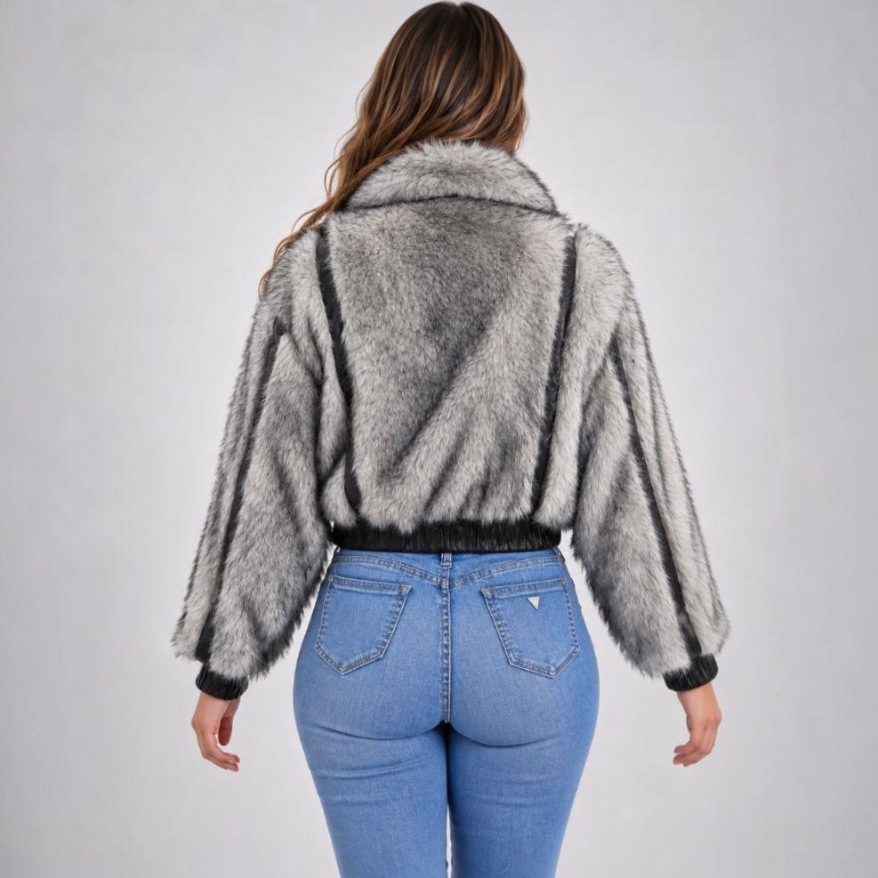 Chaqueta Gris Efecto Pelo con Detalles Ecocuero-3