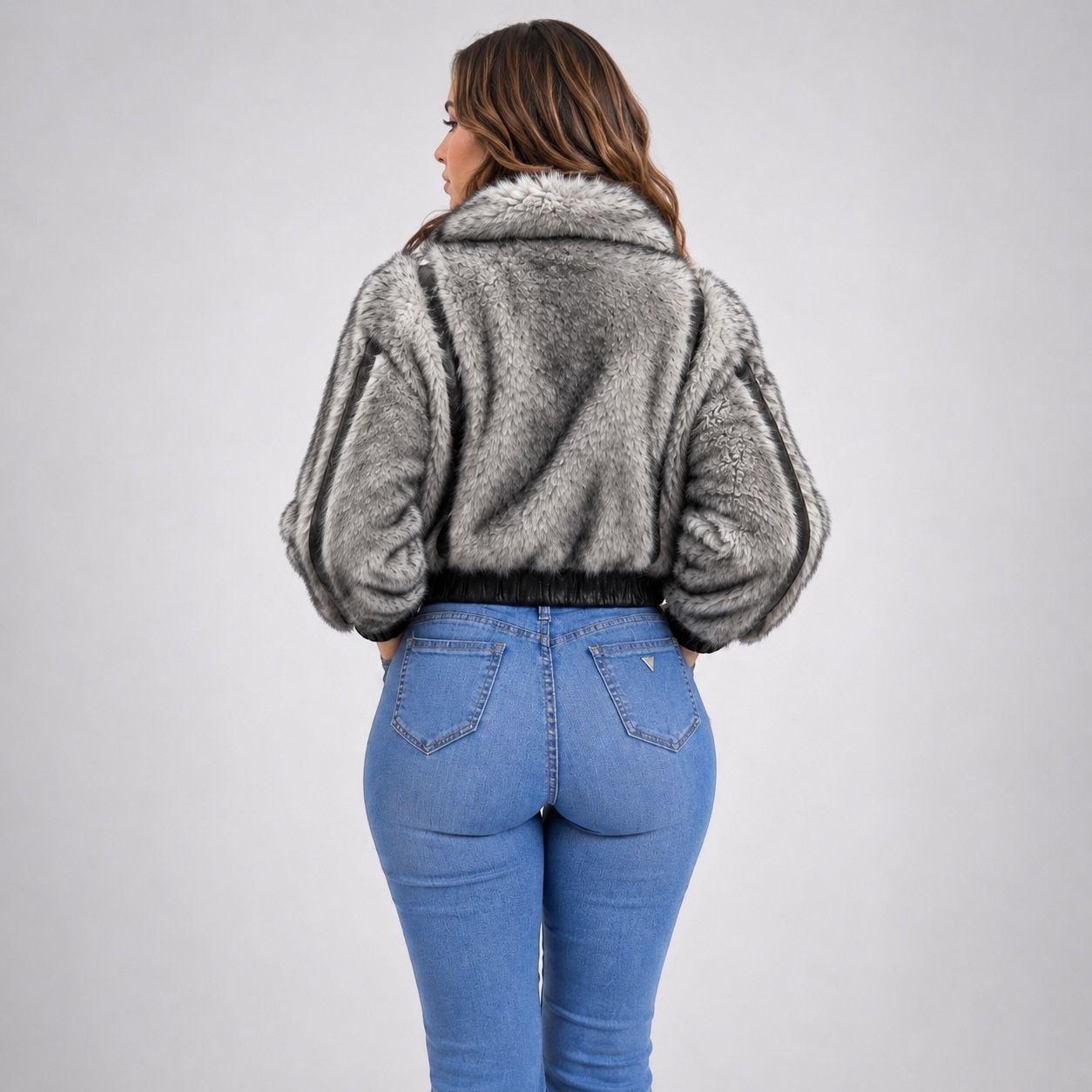 Chaqueta Gris Efecto Pelo con Detalles Ecocuero-4
