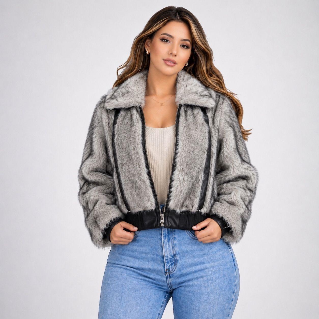 Chaqueta Gris Efecto Pelo con Detalles Ecocuero-5