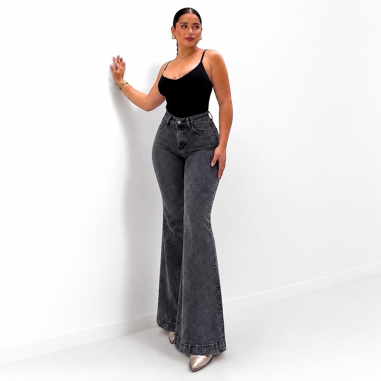 Jeans Flare Mujer Elasticado Tiro Alto Gris Grafito-0