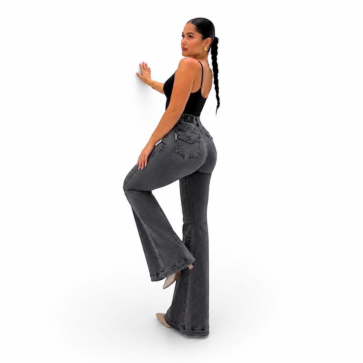 Jeans Flare Mujer Elasticado Tiro Alto Gris Grafito-2