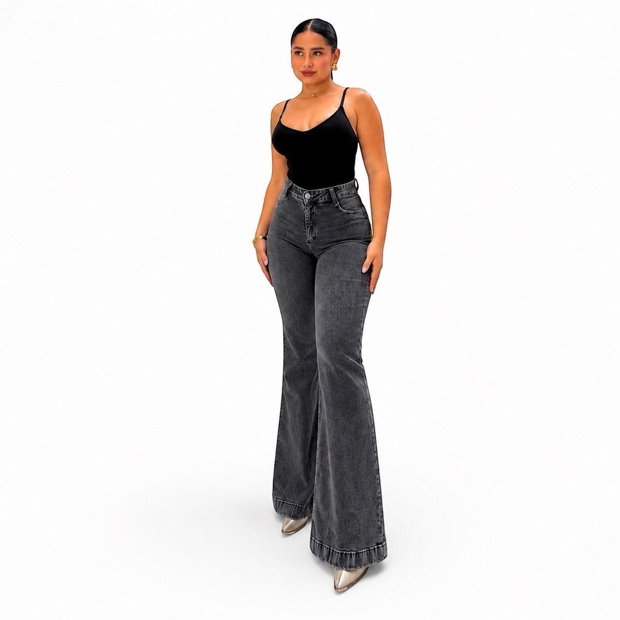 Jeans Flare Mujer Elasticado Tiro Alto Gris Grafito-3