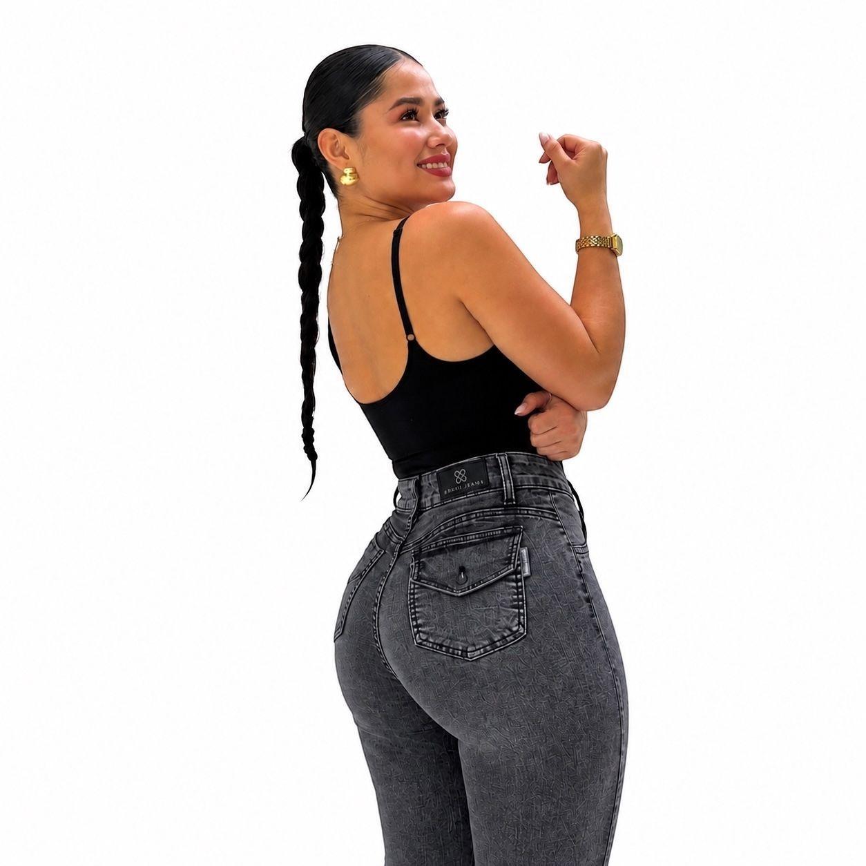Jeans Flare Mujer Elasticado Tiro Alto Gris Grafito-4