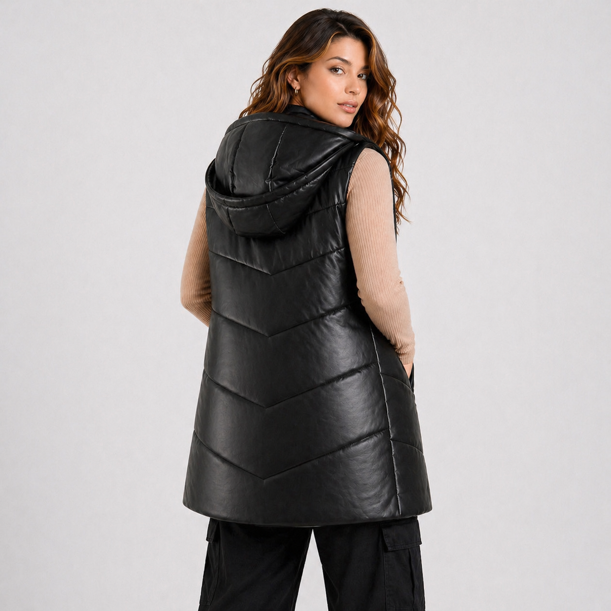 Chaqueta Puffer Larga Sin Mangas Ecocuero Mujer DOBLE V-1