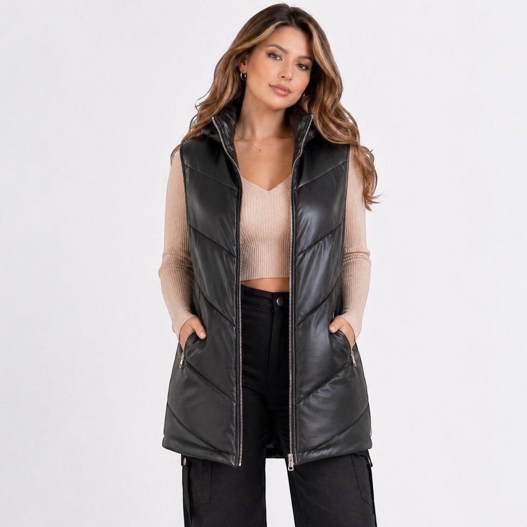 Chaqueta Puffer Larga Sin Mangas Ecocuero Mujer DOBLE V-2