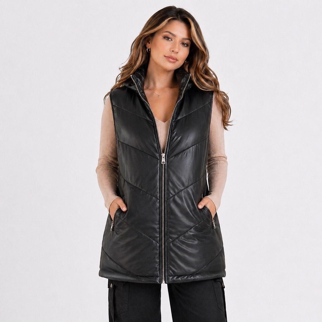 Chaqueta Puffer Larga Sin Mangas Ecocuero Mujer DOBLE V-3