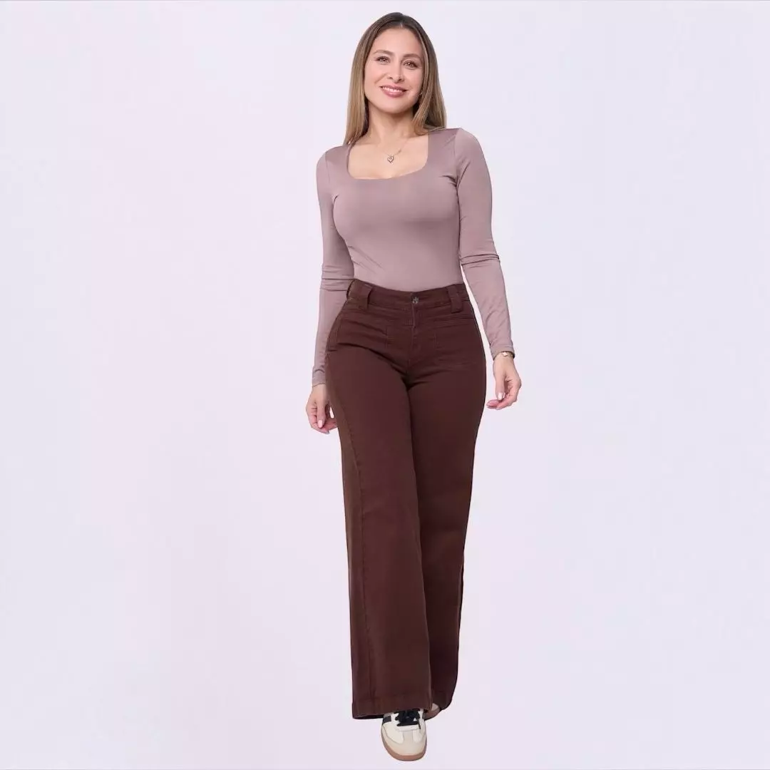 Jeans Mujer Wide Leg Tiro Alto Calce Perfecto Caf-3