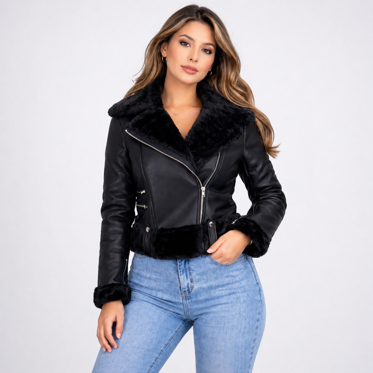 Chaqueta Aviadora Ecocuero Mujer Forrada en Piel Sint tica DOBLE V-2