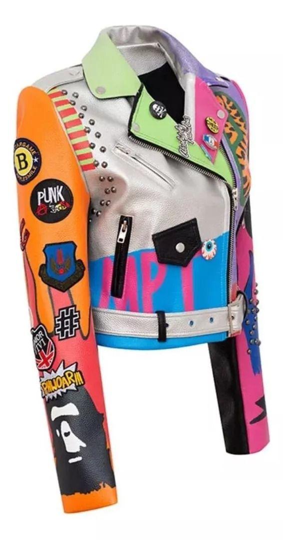 Chaqueta Eco Cuero Colorido Con Tachuelas Estilo Hip Hop Con Cinturón-0