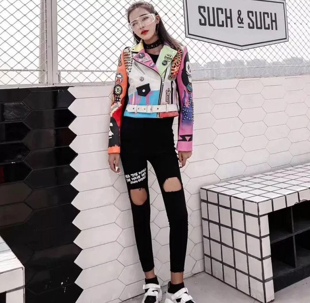 Chaqueta Eco Cuero Colorido Con Tachuelas Estilo Hip Hop Con Cinturón-2