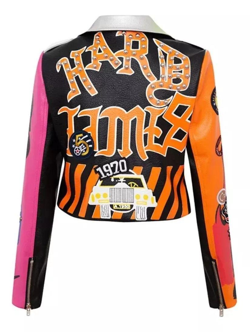 Chaqueta Eco Cuero Colorido Con Tachuelas Estilo Hip Hop Con Cinturón-3