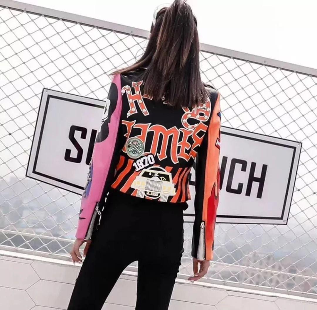 Chaqueta Eco Cuero Colorido Con Tachuelas Estilo Hip Hop Con Cinturón-5