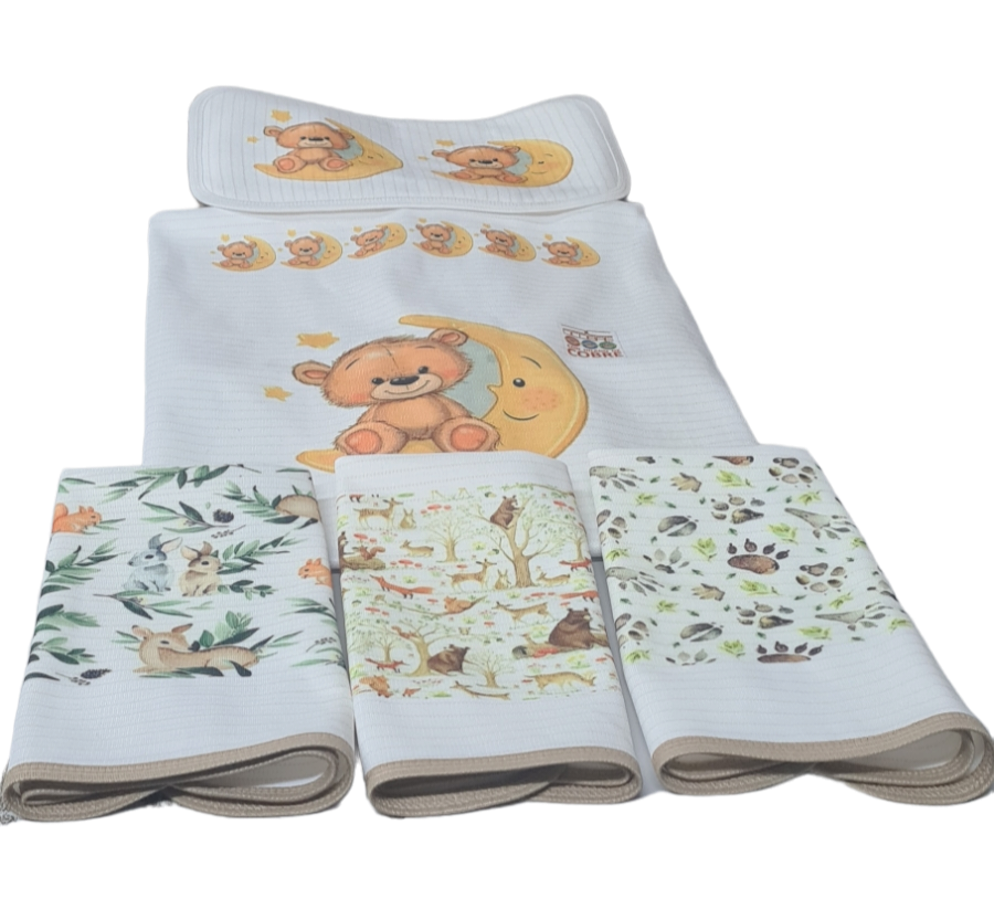 Manta Bebé en Cobre+ Funda Cojín +Toallitas,  modelo Oso y Luna -0