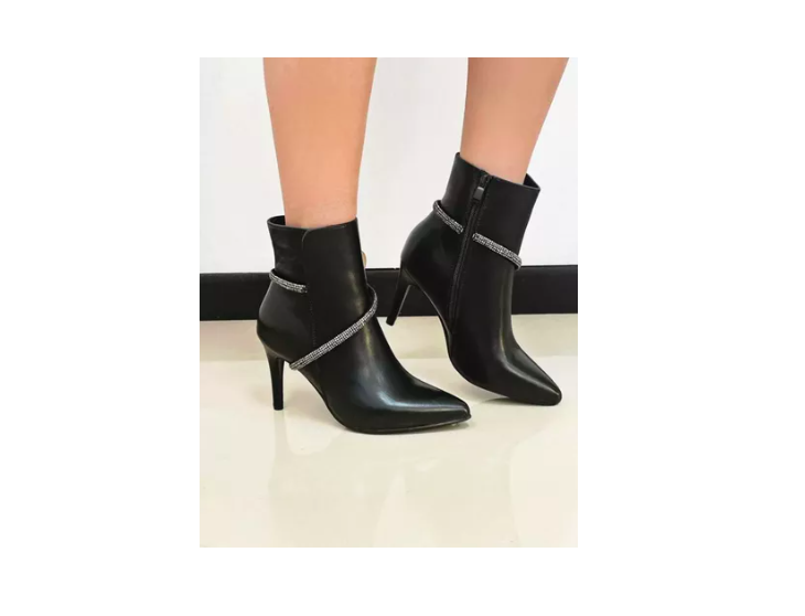 Botin Negro Taco Aguja Con Brillos-1