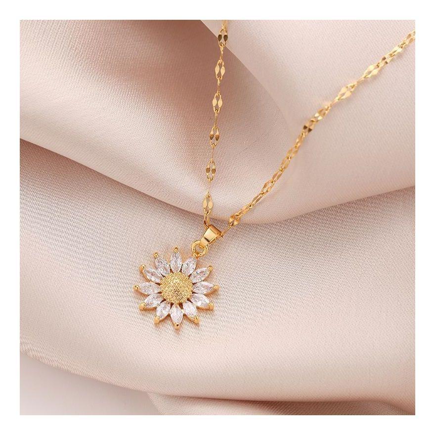 Collar Flor Girasol Cristales Zirconia Galvanizado Oro 14k-2