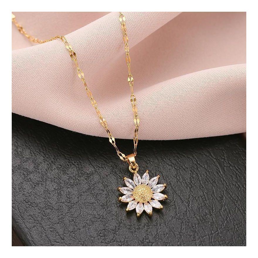 Collar Flor Girasol Cristales Zirconia Galvanizado Oro 14k-3