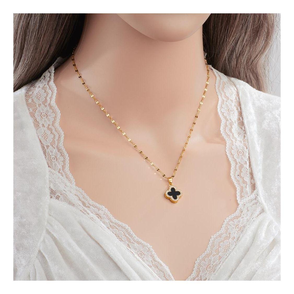 Collar Dorado Galvanizado En Oro Colgante Trébol Negro Blanco Mujer-2