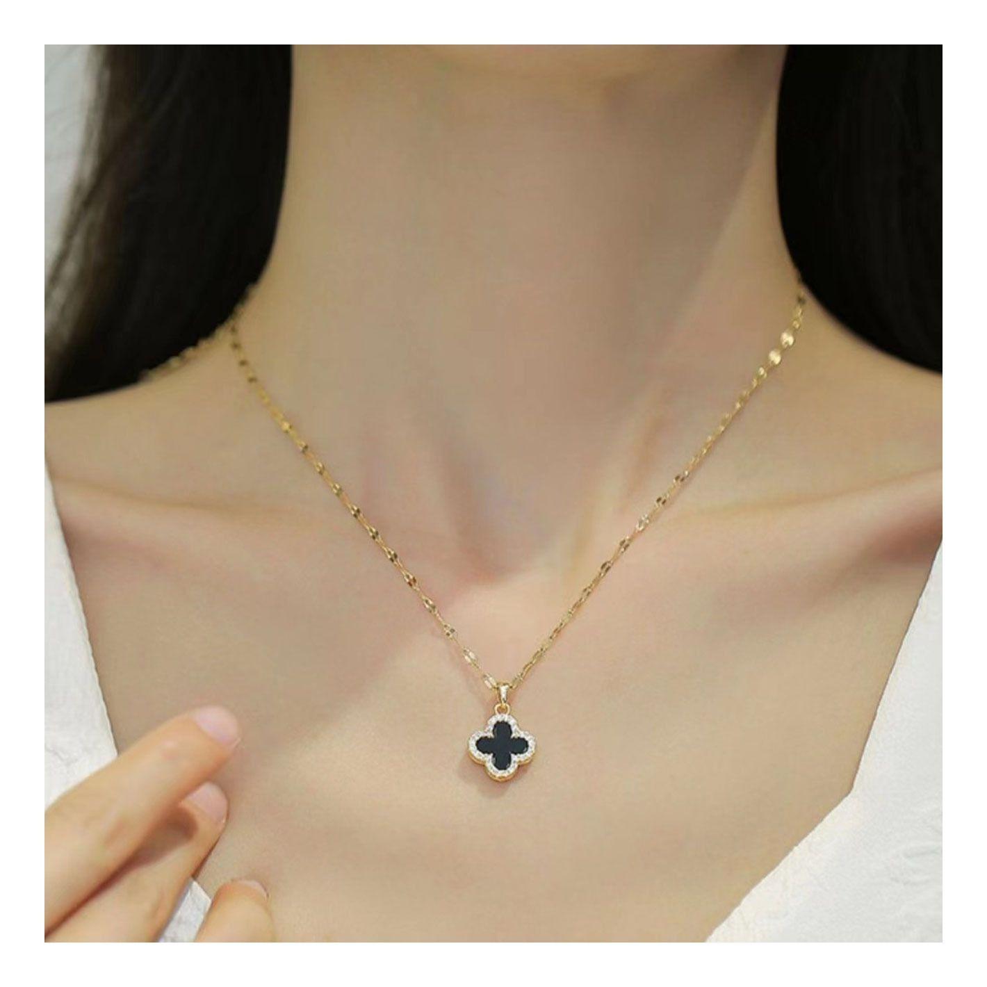 Collar Dorado Galvanizado En Oro Colgante Trébol Negro Blanco Mujer-3