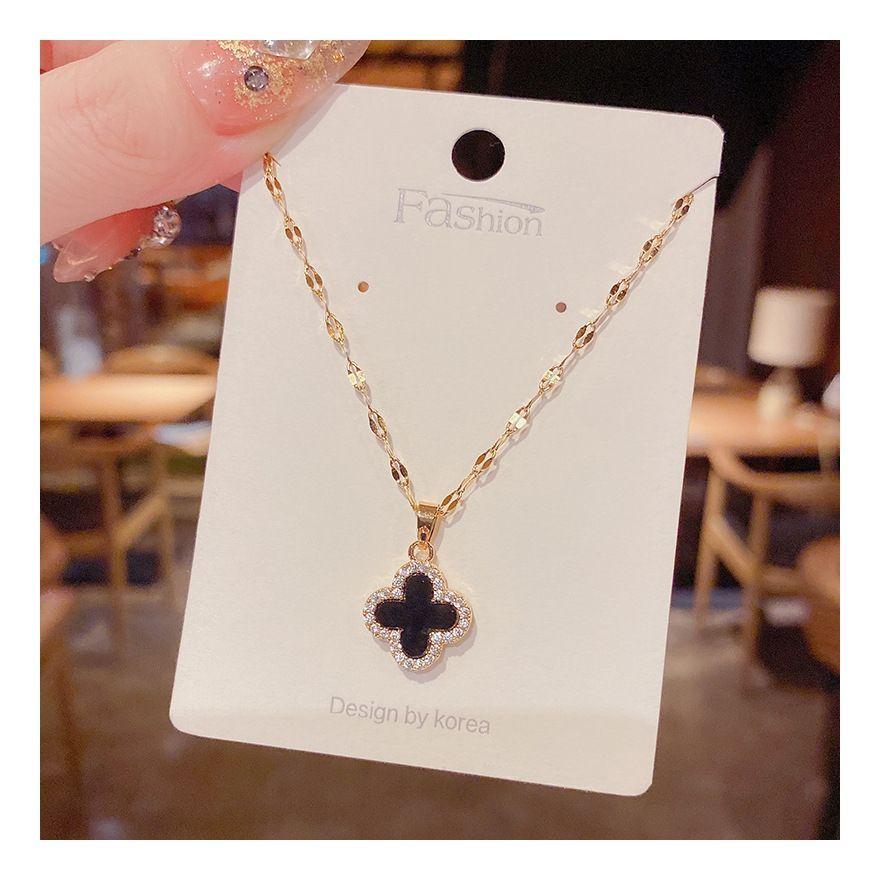 Collar Dorado Galvanizado En Oro Colgante Trébol Negro Blanco Mujer-4