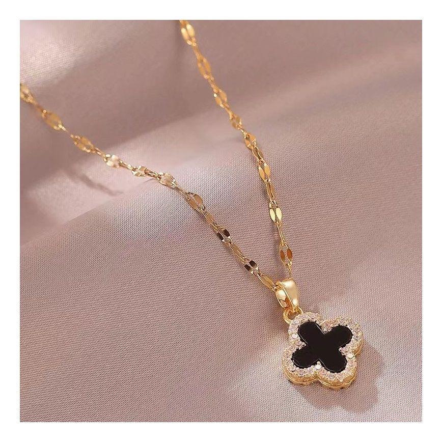 Collar Dorado Galvanizado En Oro Colgante Trébol Negro Blanco Mujer-5
