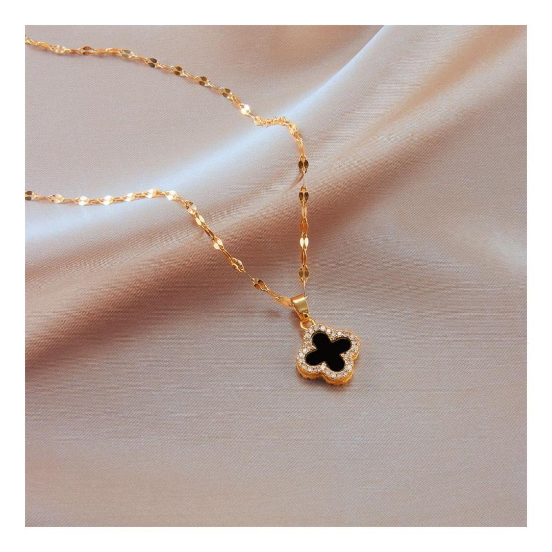 Collar Dorado Galvanizado En Oro Colgante Trébol Negro Blanco Mujer-6