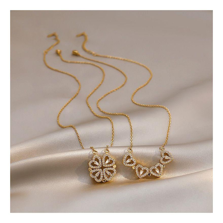 Collar Dorado Galvanizado En Oro Colgante Trebol 4 Corazones-2