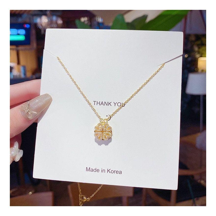 Collar Dorado Galvanizado En Oro Colgante Trebol 4 Corazones-3