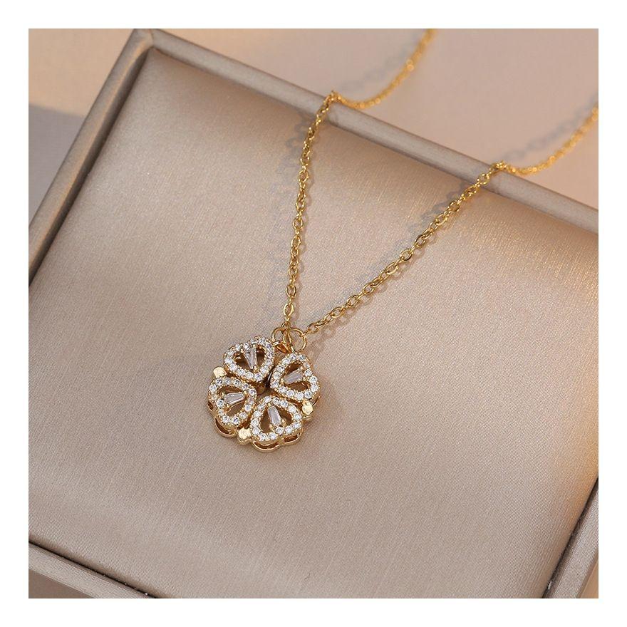 Collar Dorado Galvanizado En Oro Colgante Trebol 4 Corazones-4