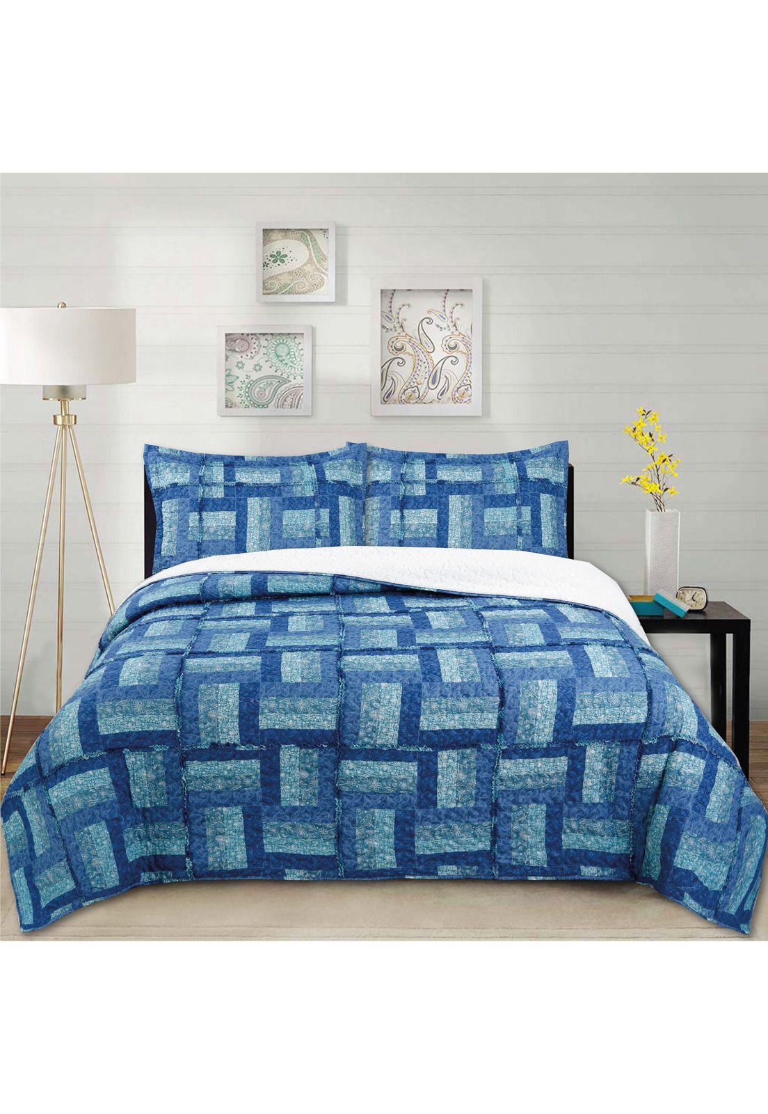 Cubrecama Ruffle Sherpa Patch Azul King-0