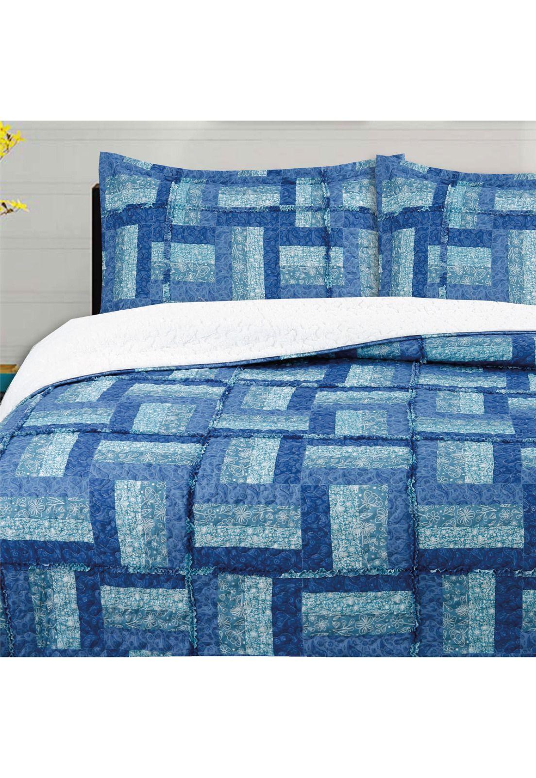 Cubrecama Ruffle Sherpa Patch Azul King-1