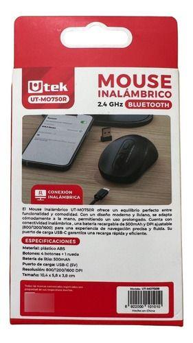 Mouse Inalámbrico 24Ghz + Bluetooth recargable USB-C Silencioso UTEK-2