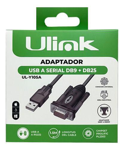 Adaptador Usb A Serial Db9 Db25 Chip Prolific 1.5mt Ulink-2
