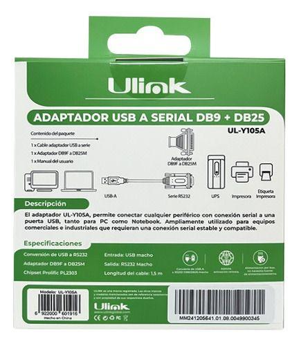 Adaptador Usb A Serial Db9 Db25 Chip Prolific 1.5mt Ulink-3