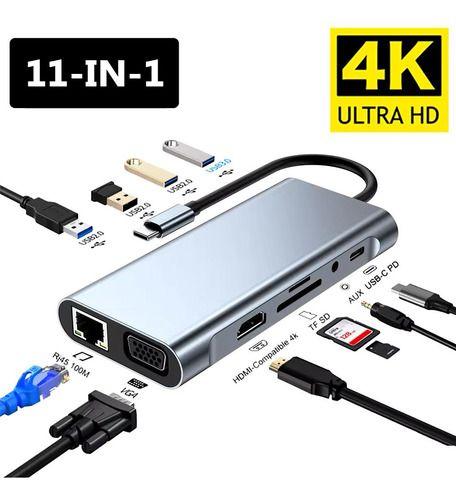 Adaptador Tipo C 11 En 1 Rj45 Hdtv Usb 3.0 Usb C Jack Sd Plateado-2