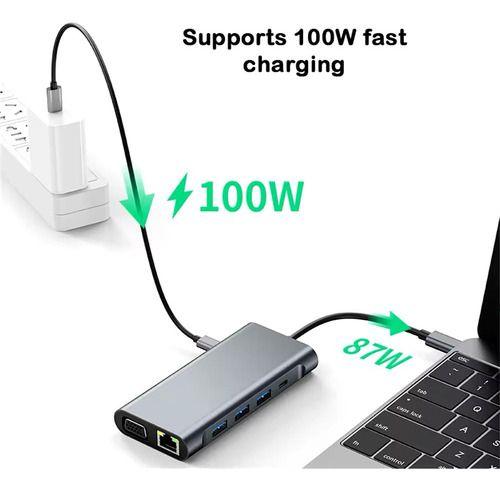 Adaptador Tipo C 11 En 1 Rj45 Hdtv Usb 3.0 Usb C Jack Sd Plateado-5