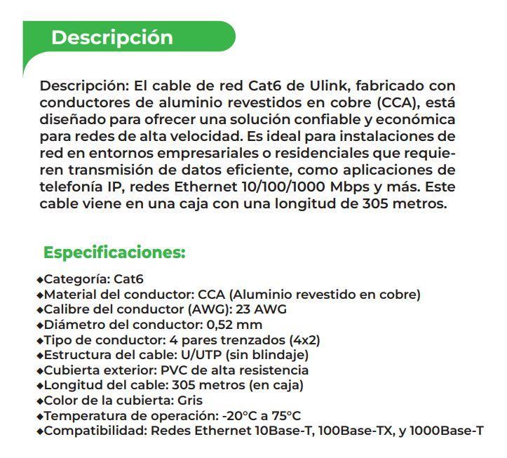 Cable Red Cat6 Utp 23 Awg Cca Caja 305 Mts 4x2x0.52mm Ulink-2