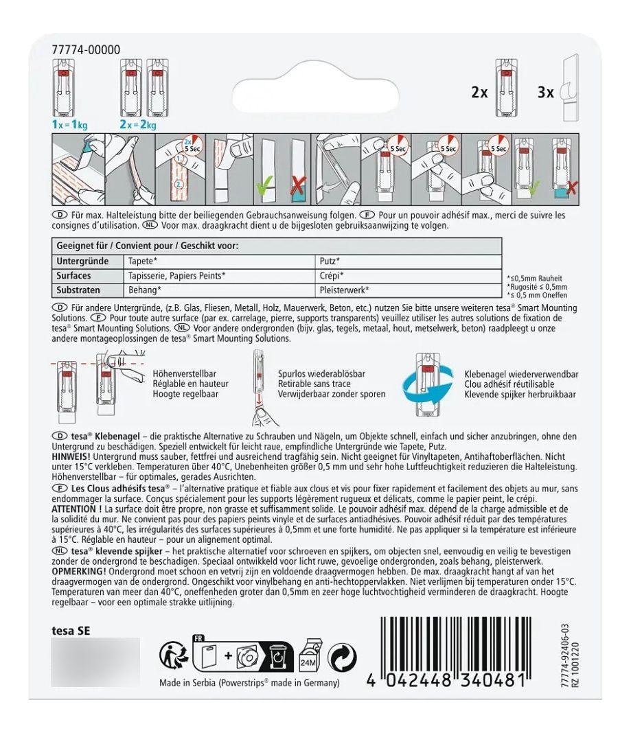 Pack 4 Blíster Clavo Adhesivo Ajustable Pared Yeso 1kg Tesa-2