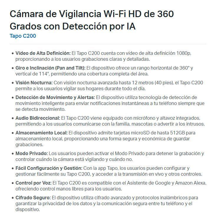 Cámara Vigilancia Ia Visión Nocturna Wi-fi 360° Tapo C200-5